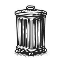 Metal trash can sketch engraving generative ai fictional character vector illustration. Scratch board imitation. Black and white image.