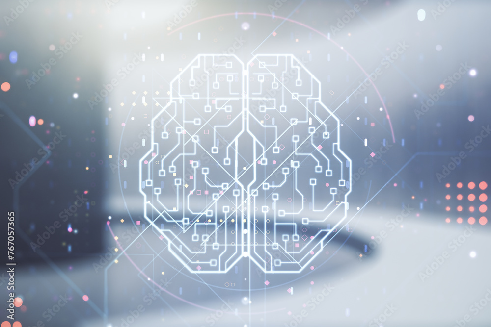 Poster virtual creative artificial intelligence hologram with human brain sketch on empty corporate office 