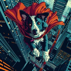 Agile canine superhero, vector design, cyber city skyline, bird's-eye perspective, leaping motion.