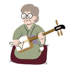 着物を着て三味線を弾くおばあさん