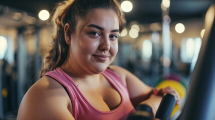Fototapeta na wymiar An overweight young woman in the gym preparing to play sports, the concept of an active life in any age, taking care of the body and building a relationship with weight