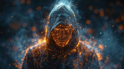 Cyber security concept. Man wearing a hoodie and hidden face in front of a computer. Cyber attack and data hack. Fraud man. Three-dimensional illustration in modern polygons.