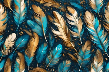 An abstract artistic background. Vintage illustration, feathers, blue, gold brushstrokes. Textured...
