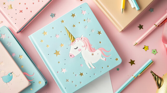 A unicorn book with stars on it. The book is on a pink background