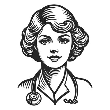 nurse medical doctor with a stethoscope, nursing professionals sketch engraving generative ai fictional character vector illustration. Scratch board imitation. Black and white image.