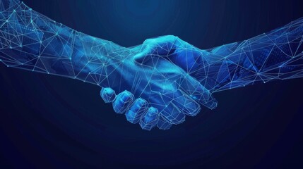 A handshake isolated on a blue background. Illustration of a business collaboration, teamwork, partnership deal, corporate meeting, contract, friendship concept. - obrazy, fototapety, plakaty