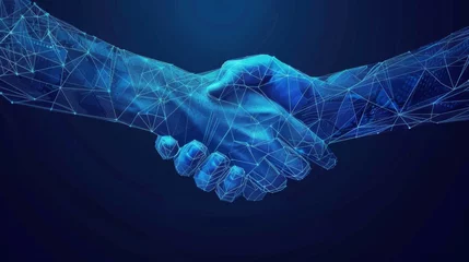 Fotobehang A handshake isolated on a blue background. Illustration of a business collaboration, teamwork, partnership deal, corporate meeting, contract, friendship concept. © Zaleman