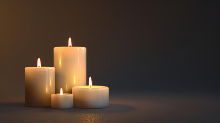 Fototapeta na wymiar Four candles with a dark background. The candles are different sizes and are arranged in a staggered formation.