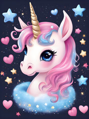 Pink unicorn with hearts and stars