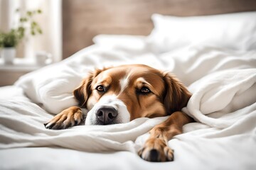 Adorable contented dog napping on a white bed with a white blanket, leaving space for text.