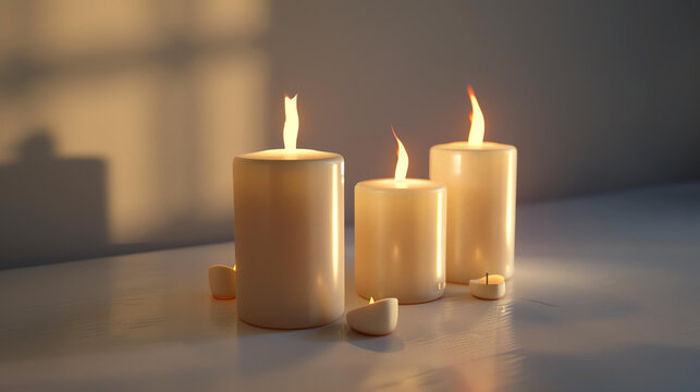 Three white candles are burning on a white table. The candles are different sizes. The background is a soft grey. The image is warm and inviting.