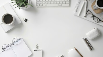 The top view of a white office desk table with a blank notebook, a computer keyboard, and other office supplies is expressed flat, with the copy space at the top. - obrazy, fototapety, plakaty