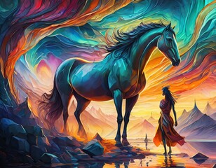 Featuring colors of modern art, abstract elements, metal elements, texture backgrounds, horse
