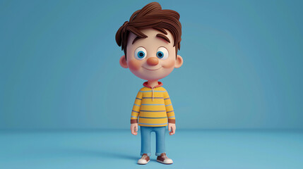 This is a 3D rendering of a young boy. He has brown hair and blue eyes. He is wearing a yellow and white striped shirt and blue jeans.