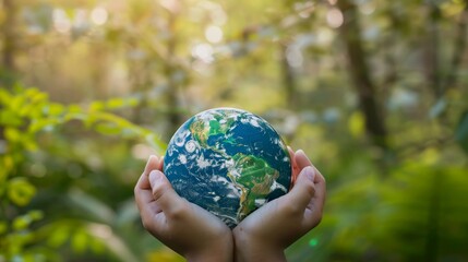 An image depicting the Sustainable Development Goals (SDGs). A hand holding an earth globe is positioned over a bokeh-like green natural backdrop. NASA provided some of the elements of this image. - obrazy, fototapety, plakaty