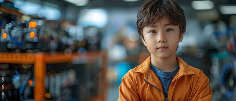 Poster In the classroom, Asian teenagers work on robot arms and robotic cars using computers and coding.