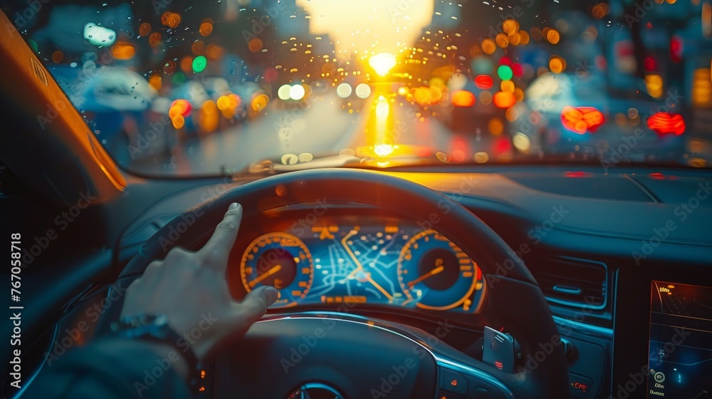 Fototapete finger pointed to car's display screen. self-driving mode in vehicle displayed. flare light effect.