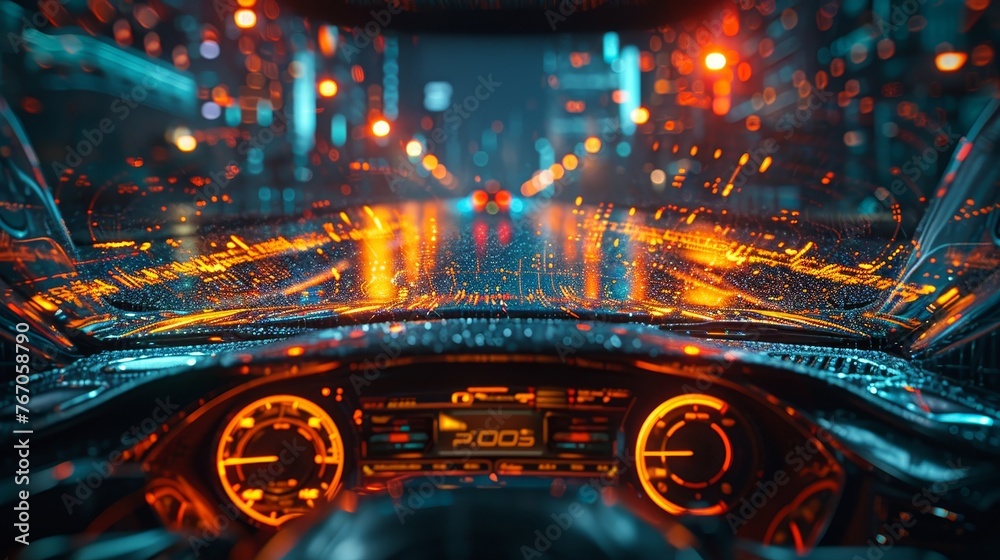 Aufkleber an empty cockpit in a vehicle and a self-driving graphic screen with flare lights in the smart car (