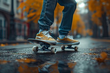 Skateboarder rolling on wet asphalt with skateboard deck - Powered by Adobe