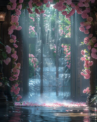 water curtain in a room with window. AI generative