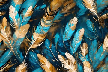 An abstract artistic background. Vintage illustration, feathers, blue, gold brushstrokes. Textured...