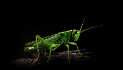 Green grasshopper close-up on black background