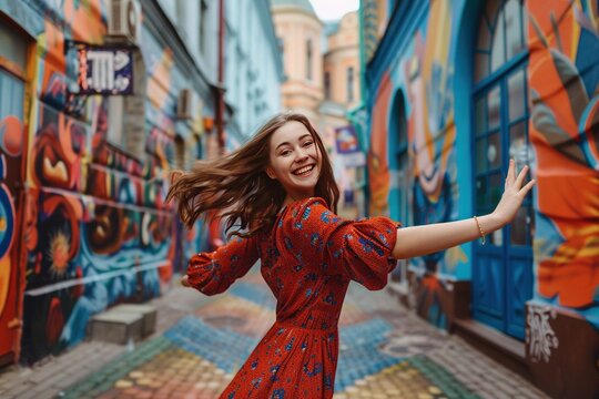 A joyful young woman twirling in a city square adorned with colorful murals