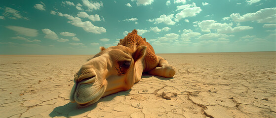 a camel laying on the ground in the desert