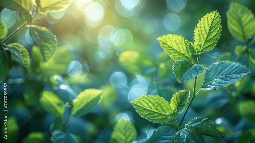 Poster The background consists of blurred foliage and sky with a bright bokeh. A blurry abstract summer background using natural green leaves as the cover page.