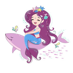 Cute cartoon illustration with beautiful mermaid and lilac whale on a white background. T-shirt art, pajamas print - 767059970
