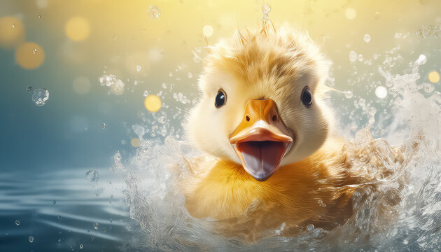 Little yellow duck splashing in the water