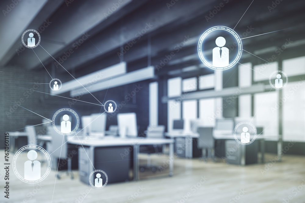 Poster abstract virtual social network hologram on a modern furnished classroom background. double exposure