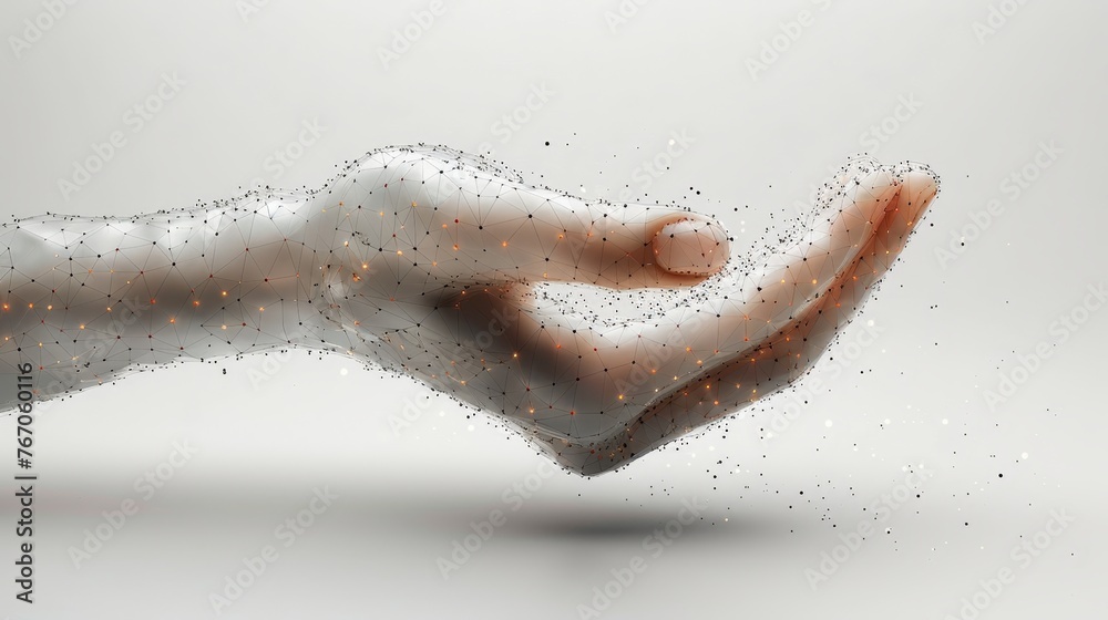 Aufkleber In this abstract modern illustration, a polygonal hand tosses coins isolated on a white background. A low poly wireframe illustration. This digital concept combines lines and points.