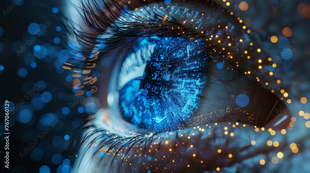 Poster An eye with a wireframe technology. A modern mesh of spheres from flying debris. A thin line concept with a blue structure. An illustration style that is themed after scince polygons.