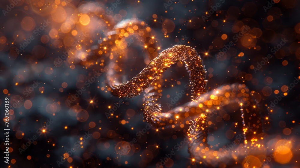 Poster sparkle stardust on a dark background. glittering modern illustration of dna with a gold dust effect