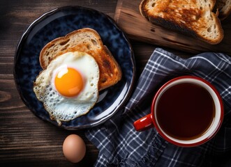 Two eggs in bowl with toast and tea
