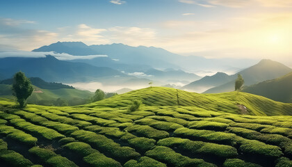 Tea plantations summer fields - obrazy, fototapety, plakaty
