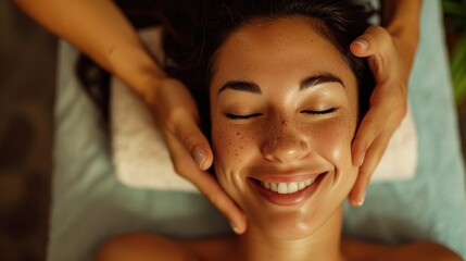 Beautiful woman getting face massage in beauty spa. Girl with closed eyes relaxing spa while getting head massage