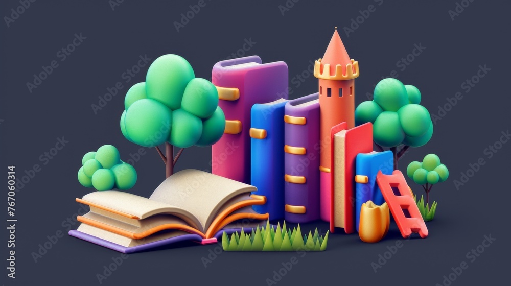 Poster an online education banner with a dark background and a modern 3d render of a book library concept.