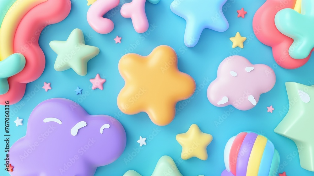 Poster abstract 3d render of color abstract shape. kid doodle graphic element. cute cloud, flower shape, st