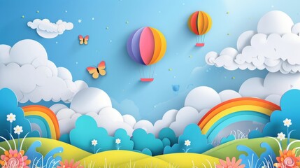 An illustration of fluffy clouds on blue sky background with a summer sun, butterfly, hot air balloon, and rainbow. Paper cut style. Modern illustration. Place for text.