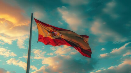 Flag of Spain, National symbol waving against cloudy, blue sky, sunny day - obrazy, fototapety, plakaty