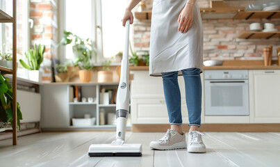 Fototapeta na wymiar A woman is standing in a kitchen with a white vacuum cleaner. She is wearing a white apron and has a pair of white shoes on. The kitchen is clean and well-organized, with a few potted plants