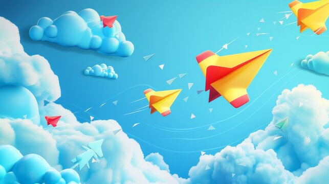 Paper airplane background with yellow, red, and blue flying in the sky along with hand painted clouds. Modern cartoon children's aircraft.