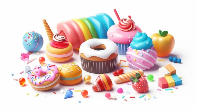 Food icons with 3D modern realistic images. Cupcakes, cake, donuts, candy, and candy bars.