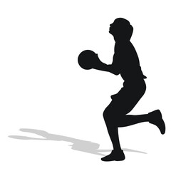 Image of black female silhouette of basketball player in a ball game.