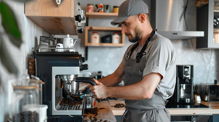 Professional young repairman repairs a coffee maker