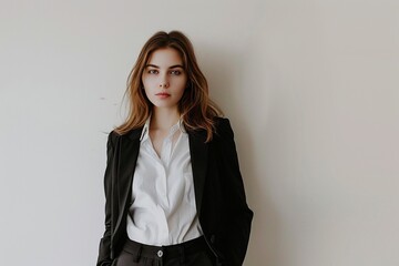A young business woman in a power pose against a minimalist white backdrop