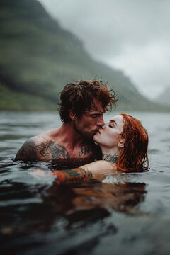 Passionate kiss in a scottish lake. Generative AI