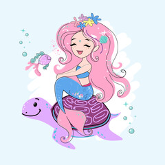 Cute cartoon illustration with beautiful mermaid and turtle. T-shirt art, pajamas print for kids - 767060756